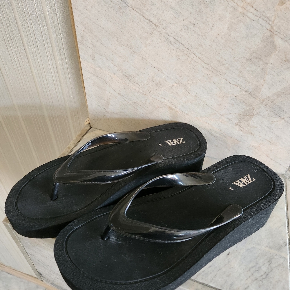 ZARA Platform Sandals Flip Flop Wedge Black 37 - Picture 7 of 11
